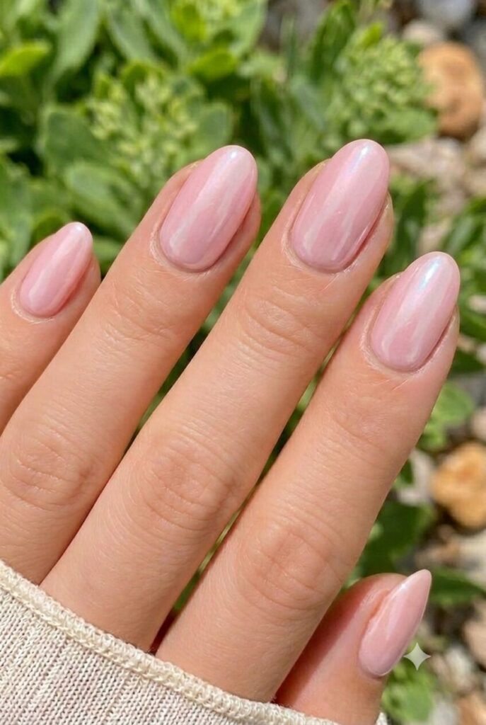 Short oval nails with soft cotton pink glazed finish