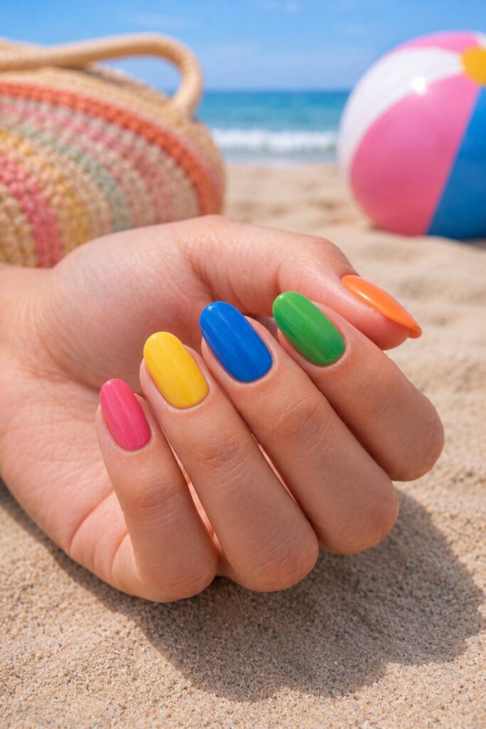 Bright skittle nails with each nail a different crayon shade