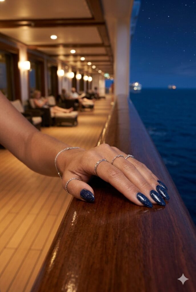 Navy nails with silver glitter for cruise night style