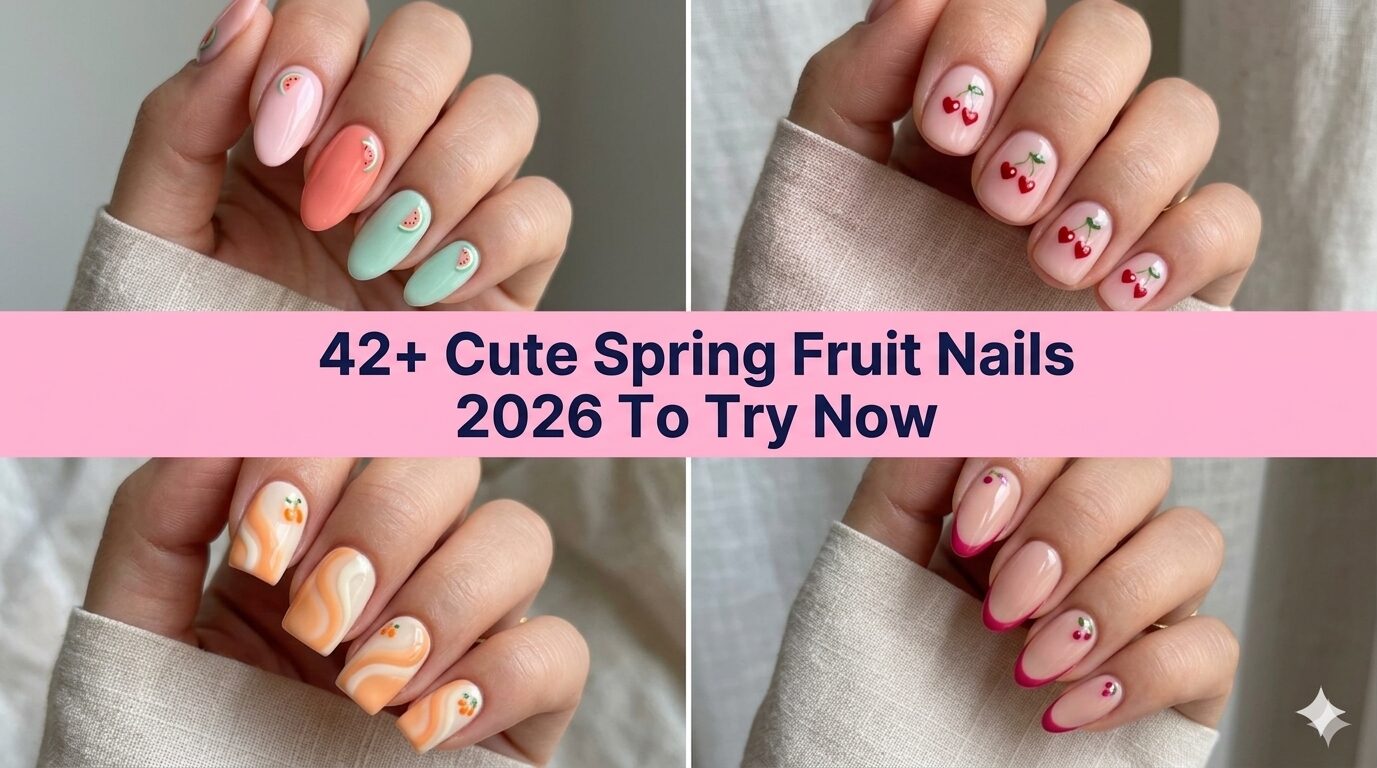 Collage of cute spring fruit nail designs in pastel colors for 2026