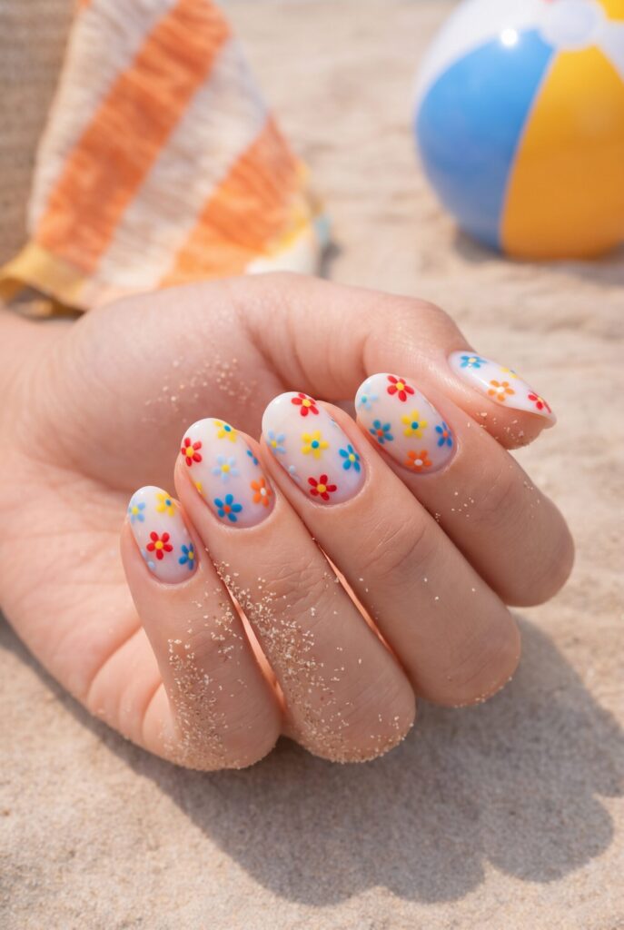 White nude nails with tiny colorful doodle flowers