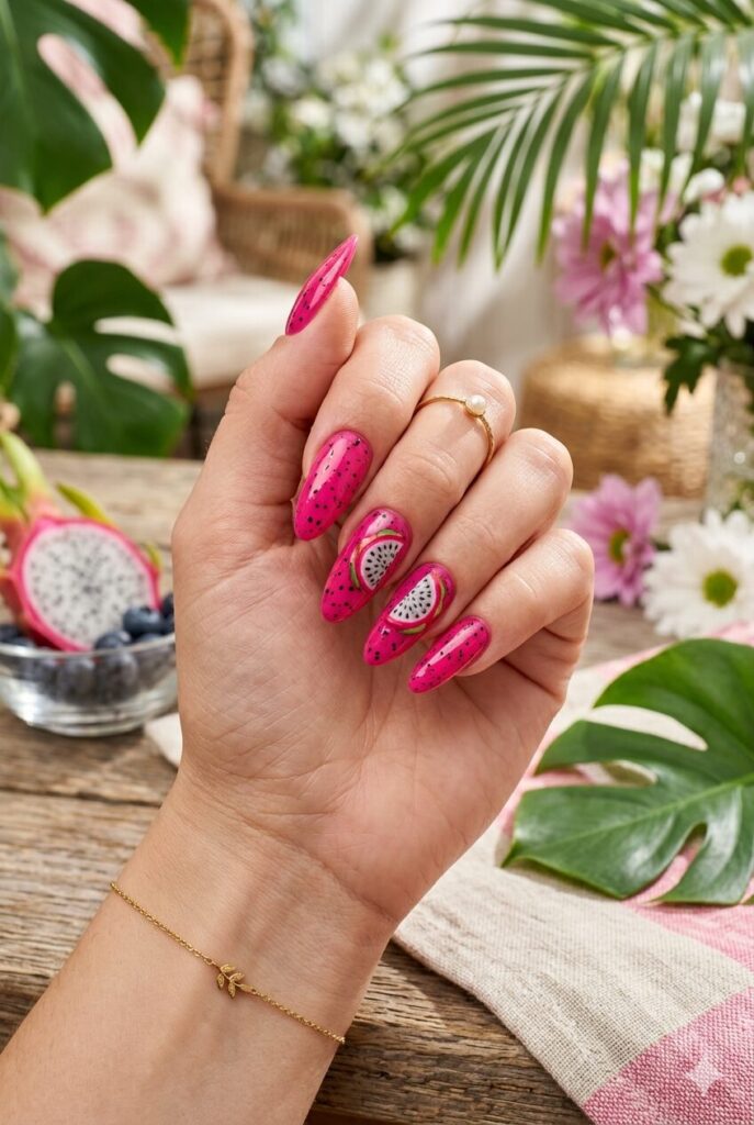 Bright pink nails with dragon fruit slice accents