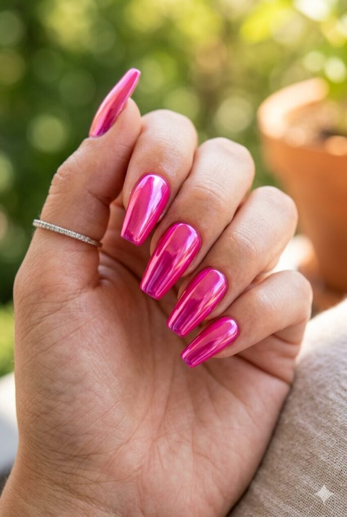 Almond nails with electric pink chrome mirror finish for summer