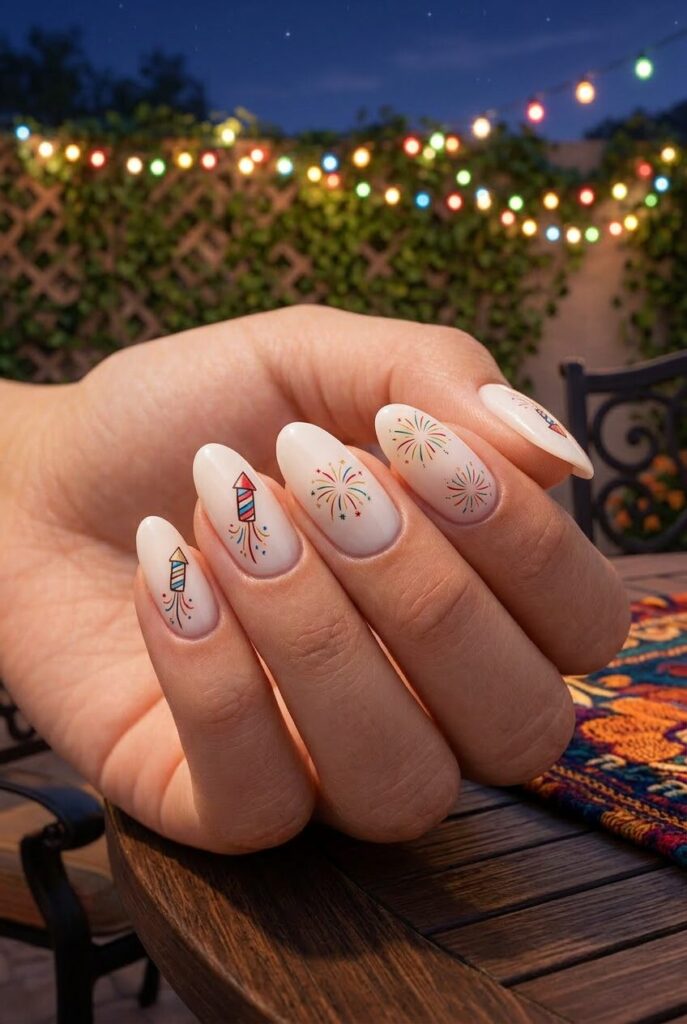 White nude nails with tiny colorful firecracker sketch art