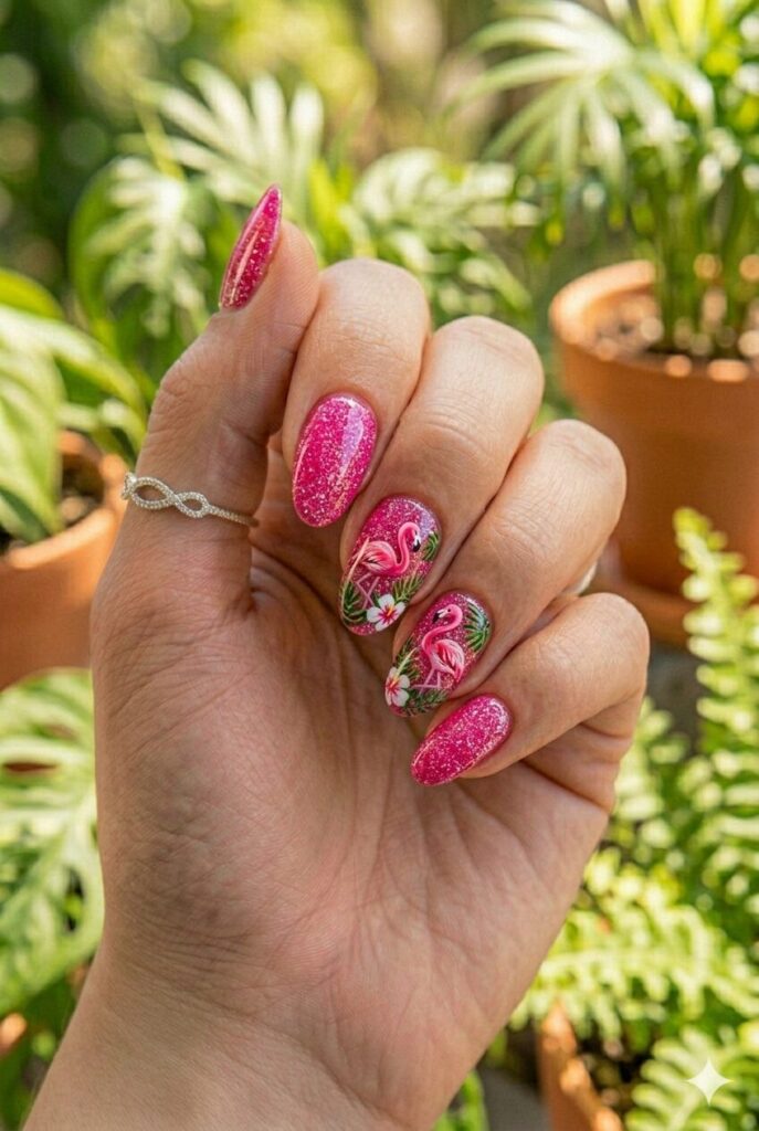 Hot pink nails with fine glitter and flamingo accent art