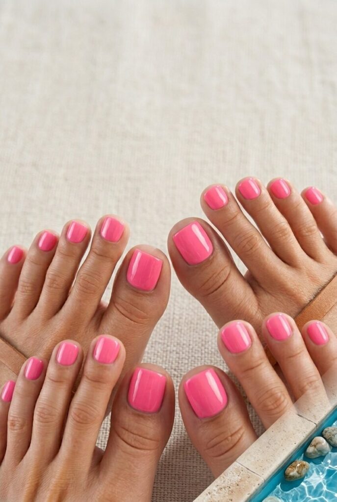 Bright flamingo pink toe nails for a playful summer pedicure