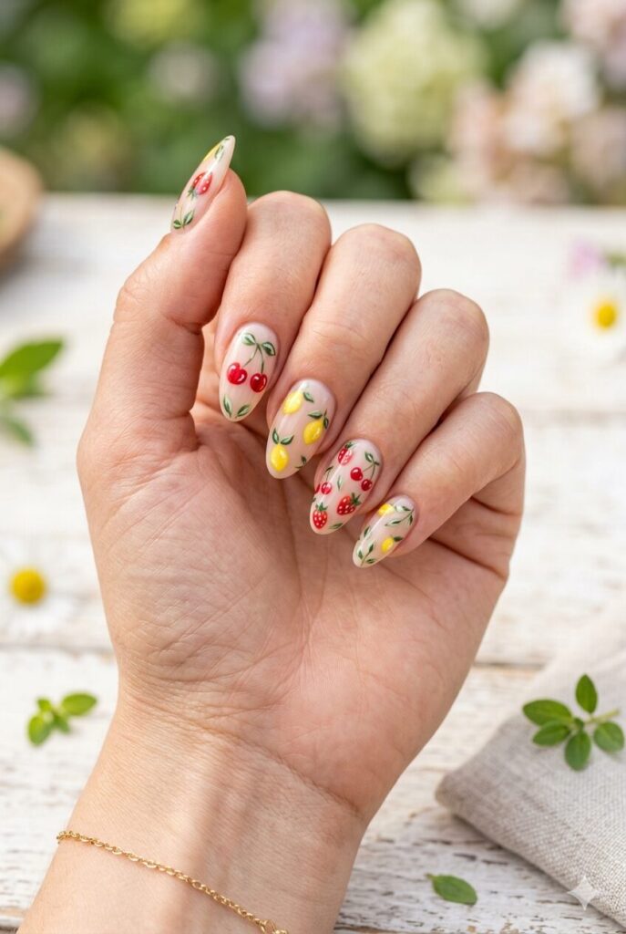 Mixed fruit nails with strawberries cherries lemons and leaves