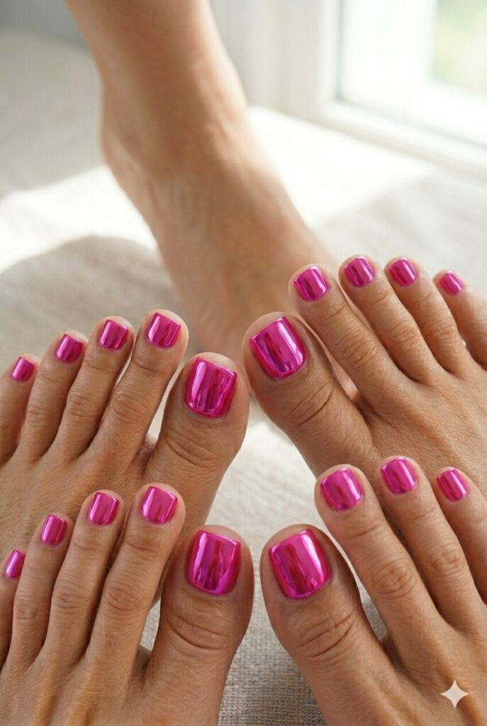 Fuchsia chrome toe nails with a bold shiny finish