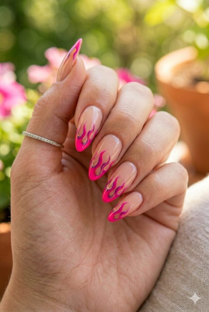 Long almond nails with clear base and fuchsia flame-shaped tips