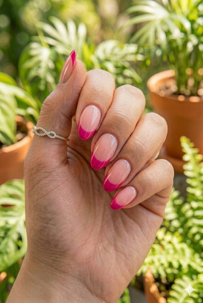 Almond nails with nude base fading into fuchsia French tips