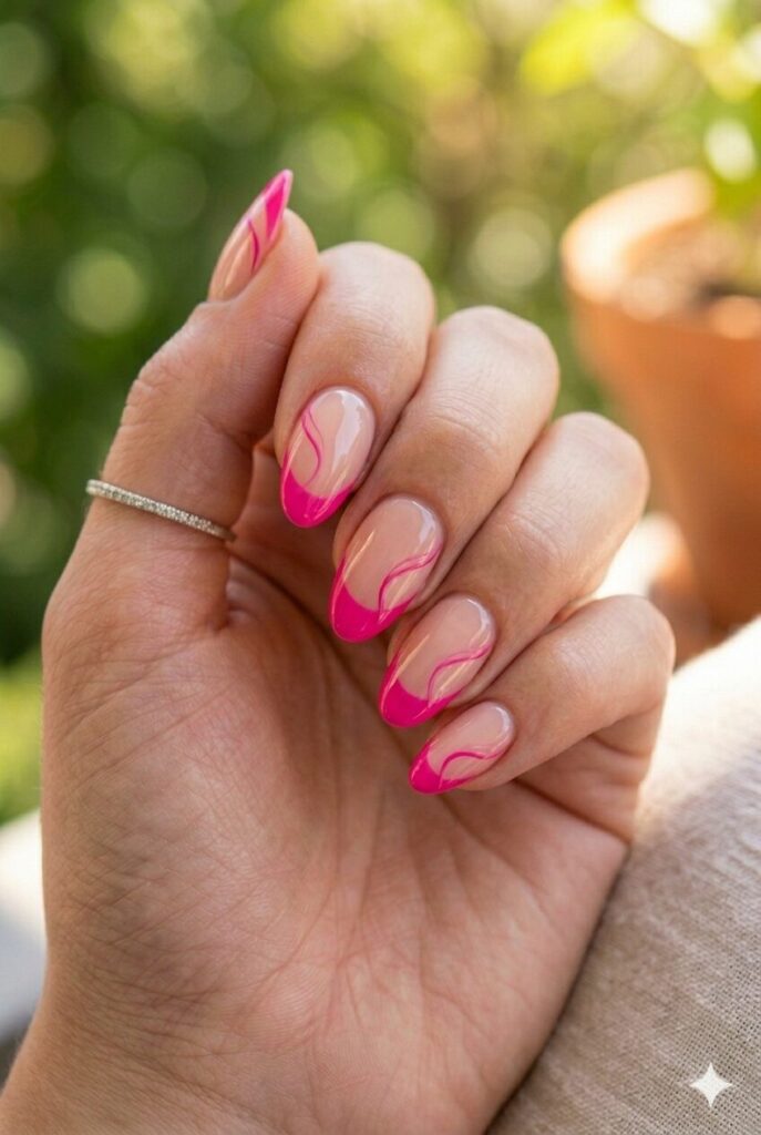 Almond nails with nude base fuchsia tips and thin swirl details