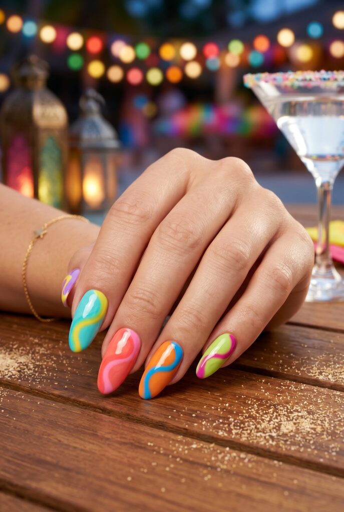 Bright summer nails with different swirl designs on each nail