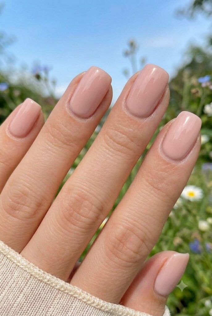 Short squoval nails with glossy nude pink summer polish