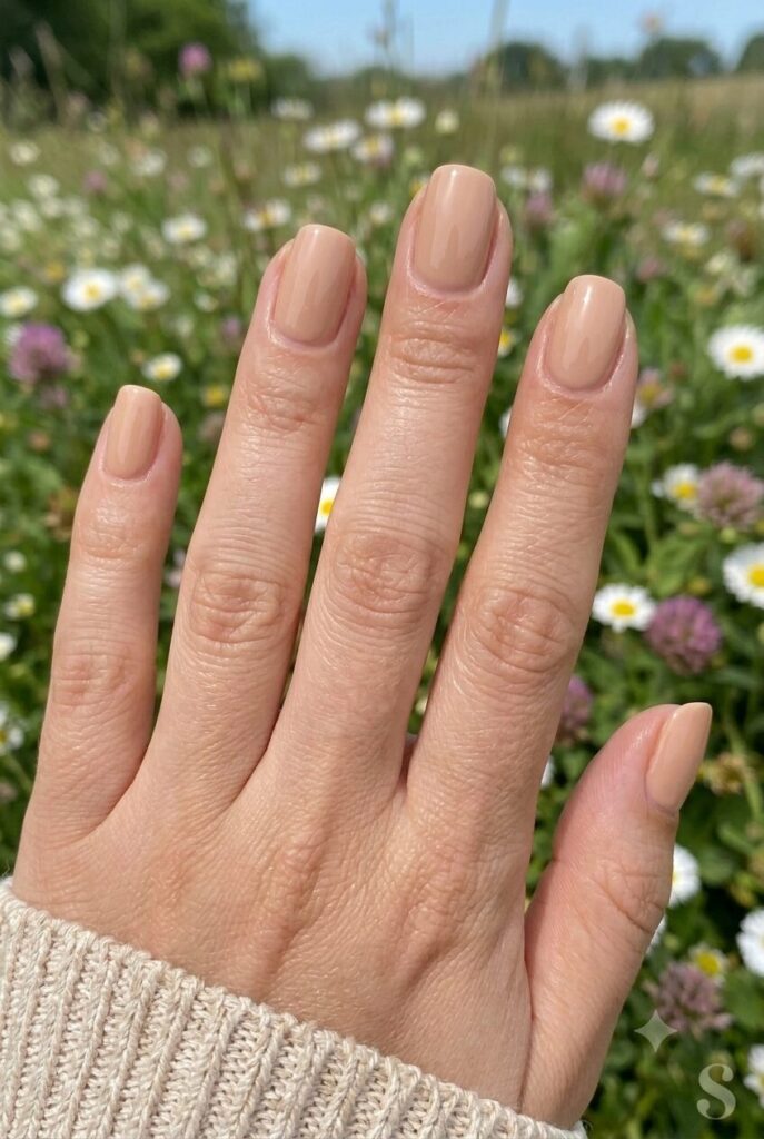 Short squoval nails with warm sand nude glossy polish