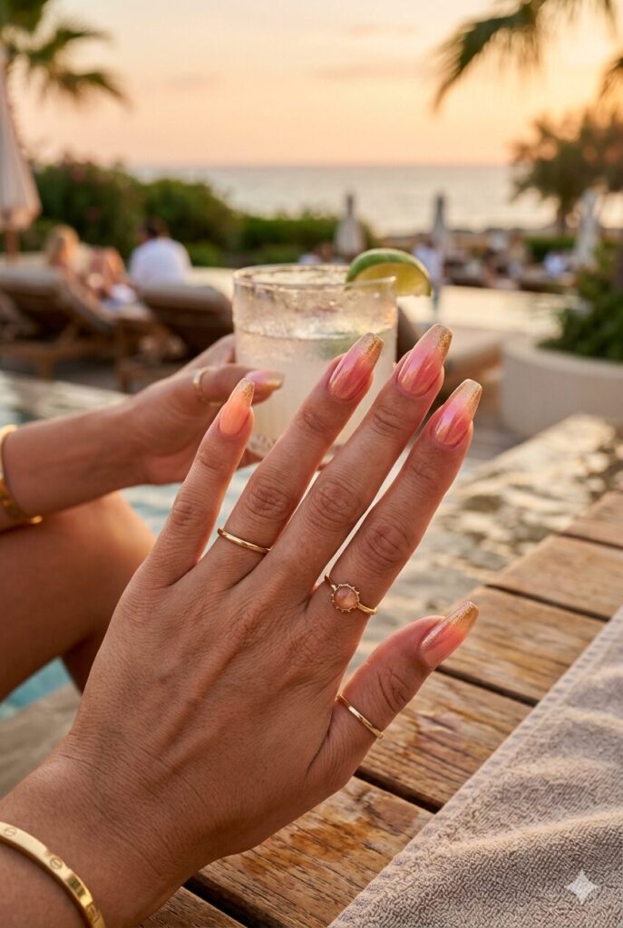 Peach gold and pink ombre nails inspired by golden hour