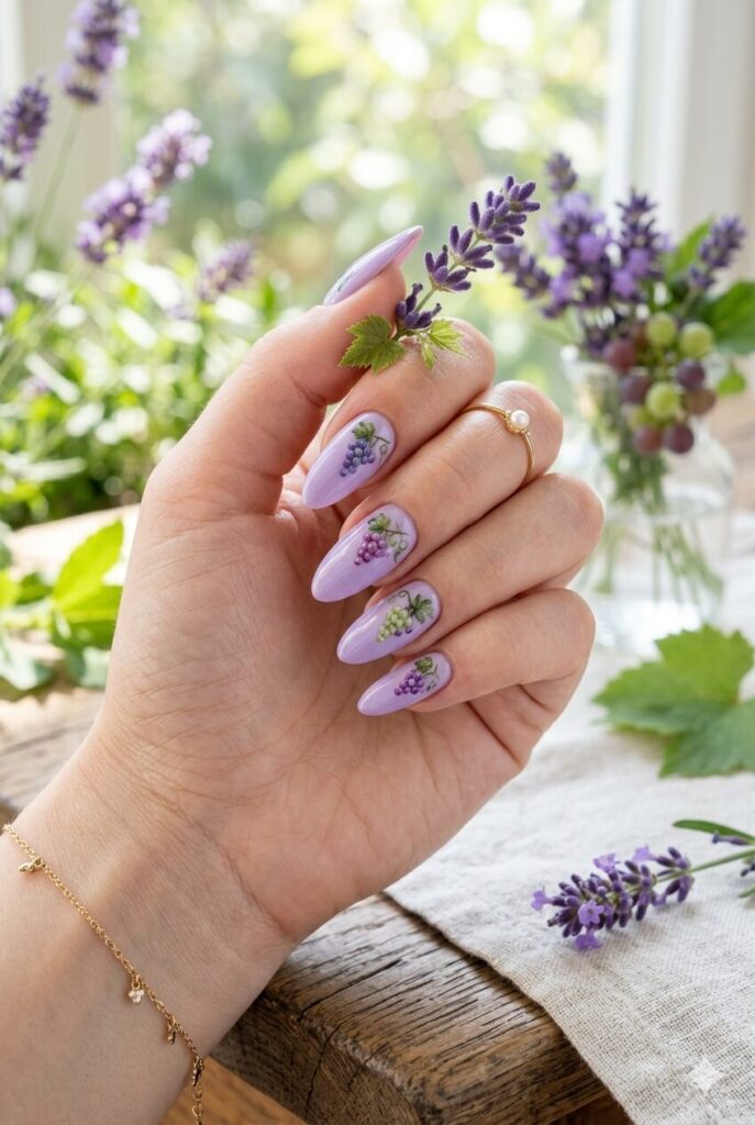 Pastel lavender nails with tiny grape designs