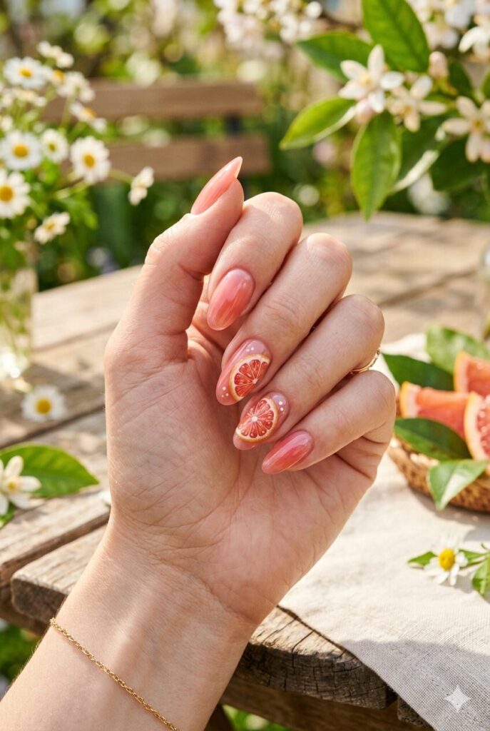 Sheer pink orange jelly nails with grapefruit slices