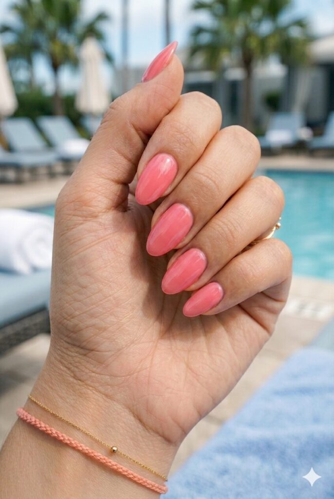 Medium almond nails with guava pink glazed glossy polish