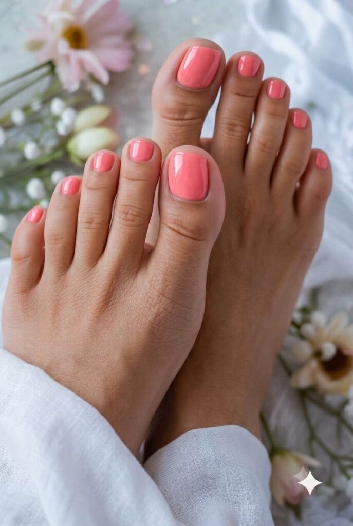 Creamy guava pink toenails with a glossy summer finish