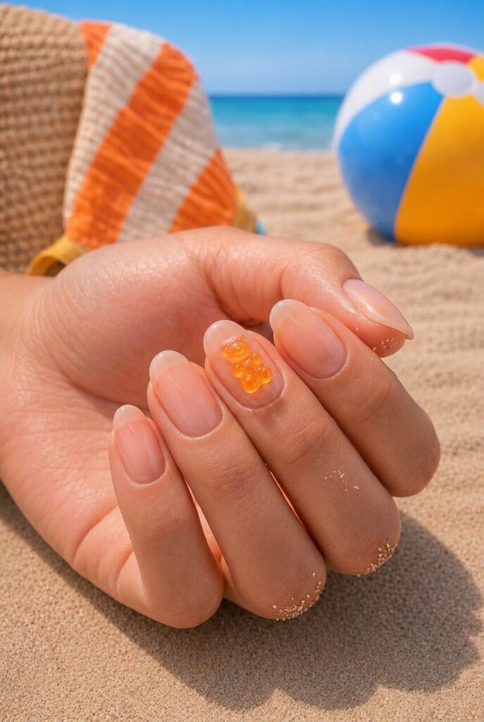 Glossy jelly nails with tiny gummy bear accents