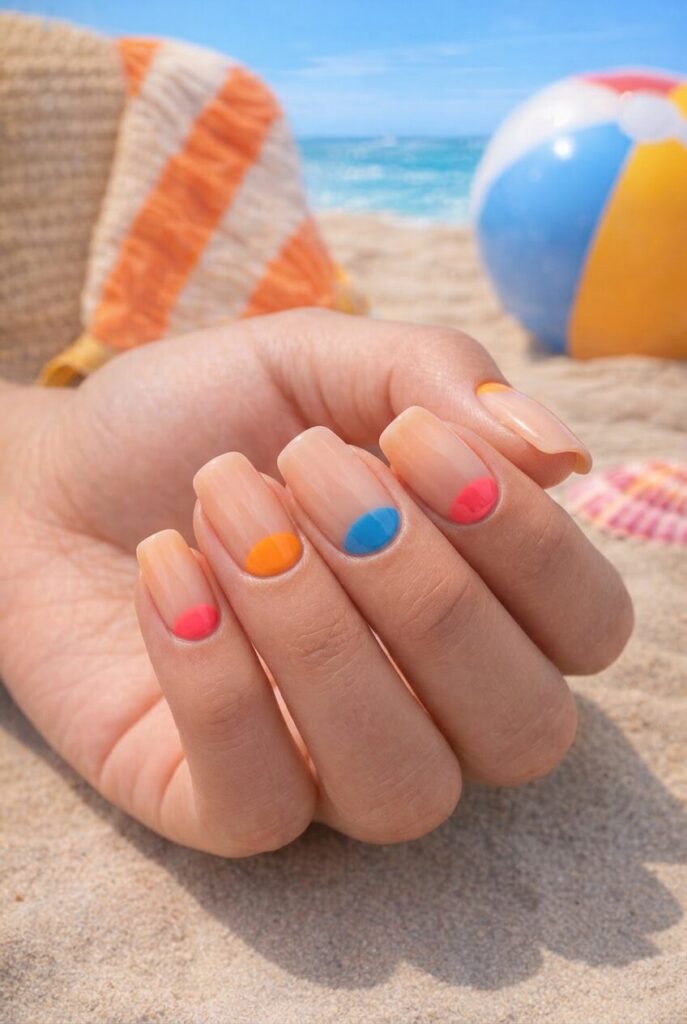 Nude nails with bright candy-colored half moon details