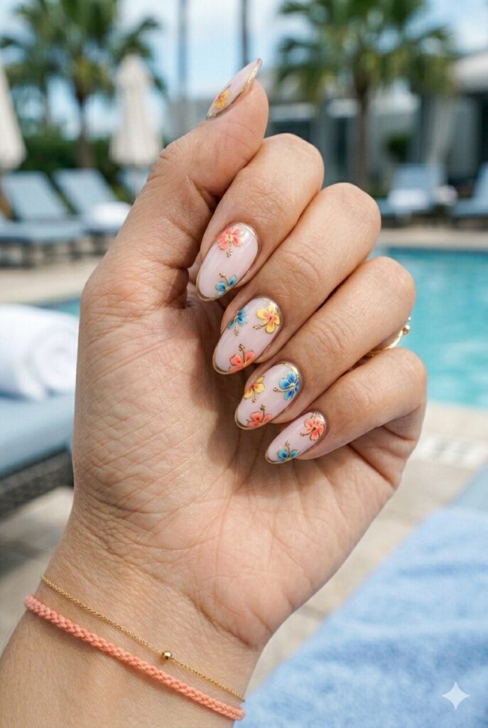 Long almond nails with pink base and hibiscus flower border art