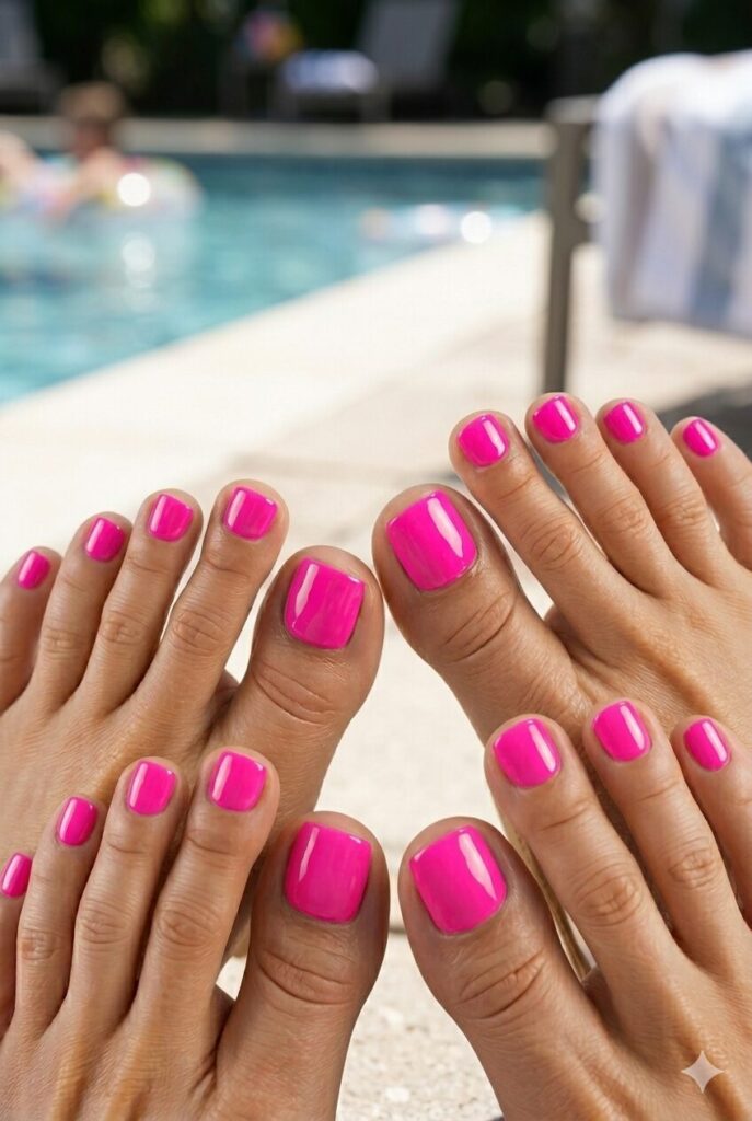 Bold hot pink toe nails perfect for flip-flops and pool days