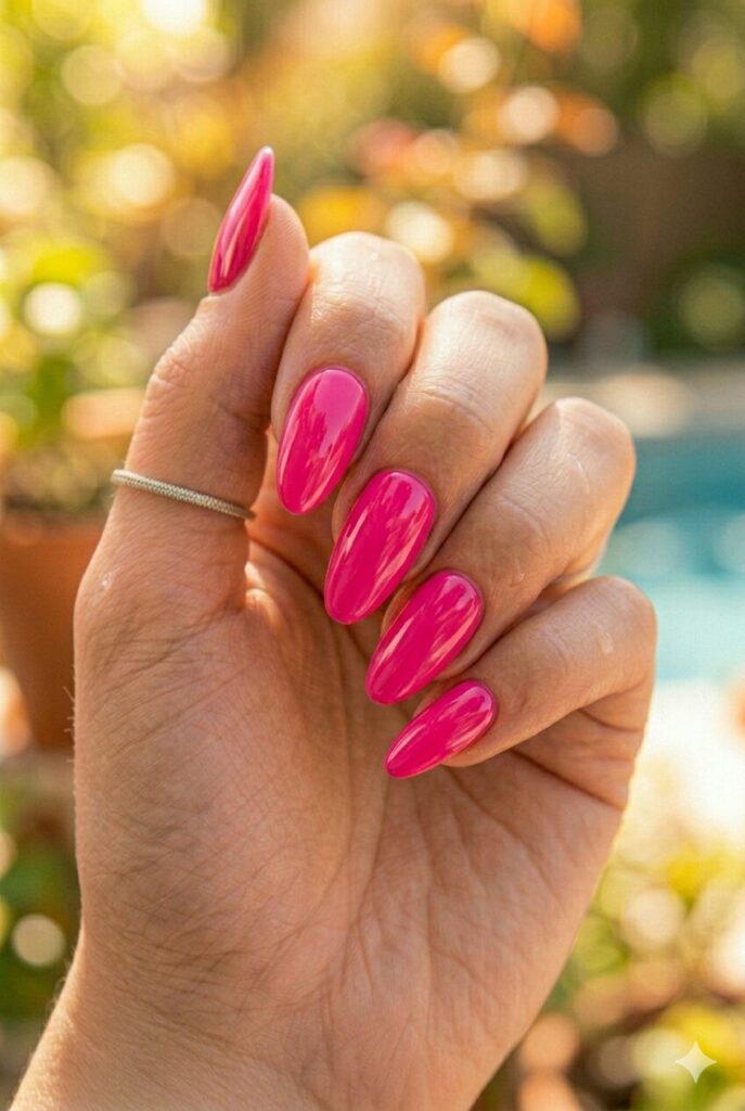 Almond nails with full glossy hot pink polish for summer