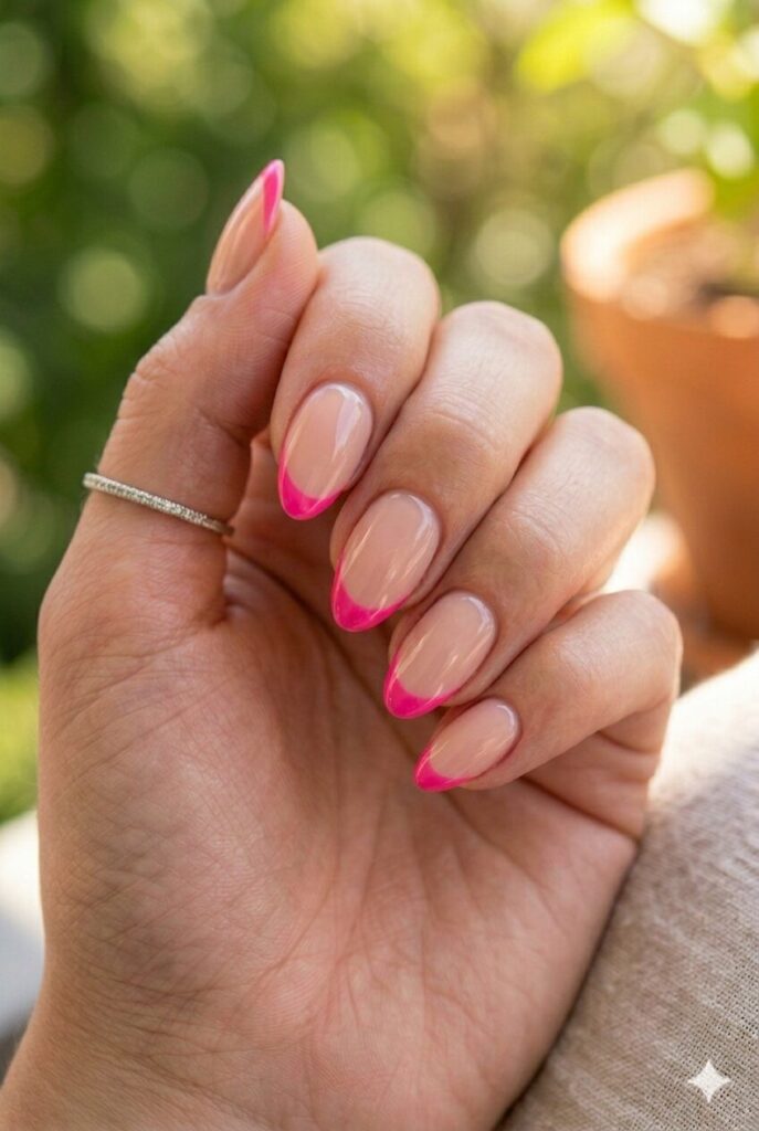 Short almond nails with nude base and hot pink side French tips