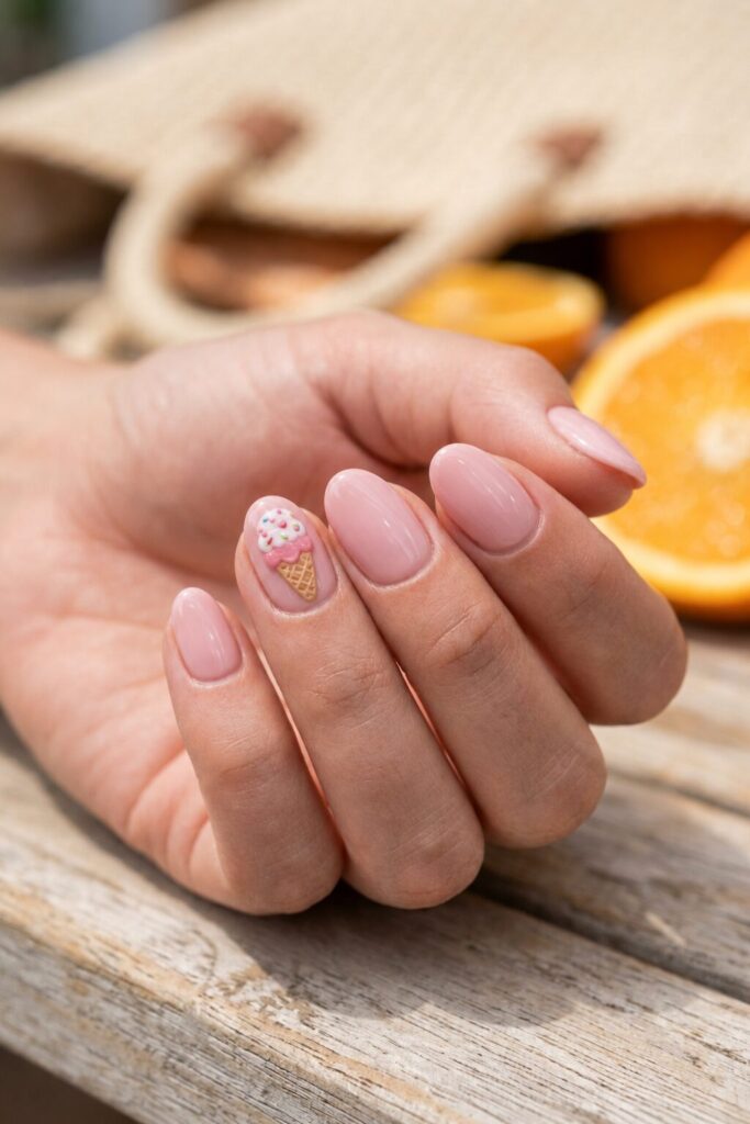 Soft pink nails with a tiny ice cream cone accent