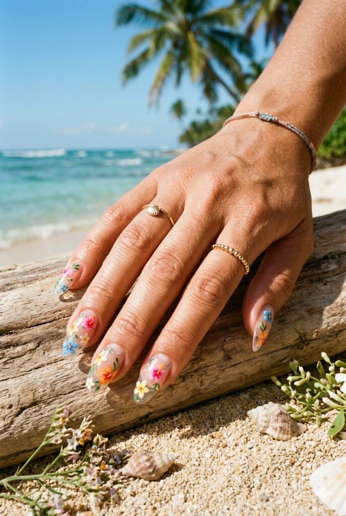 Clear jelly nails with tiny tropical flower art