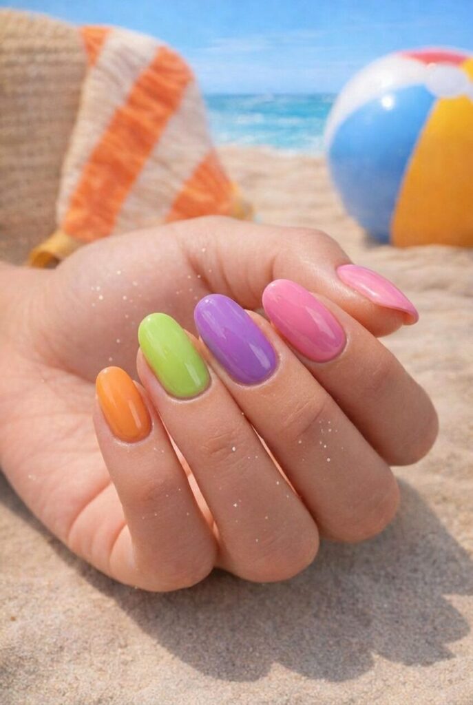Mismatch summer nails in glossy candy colors