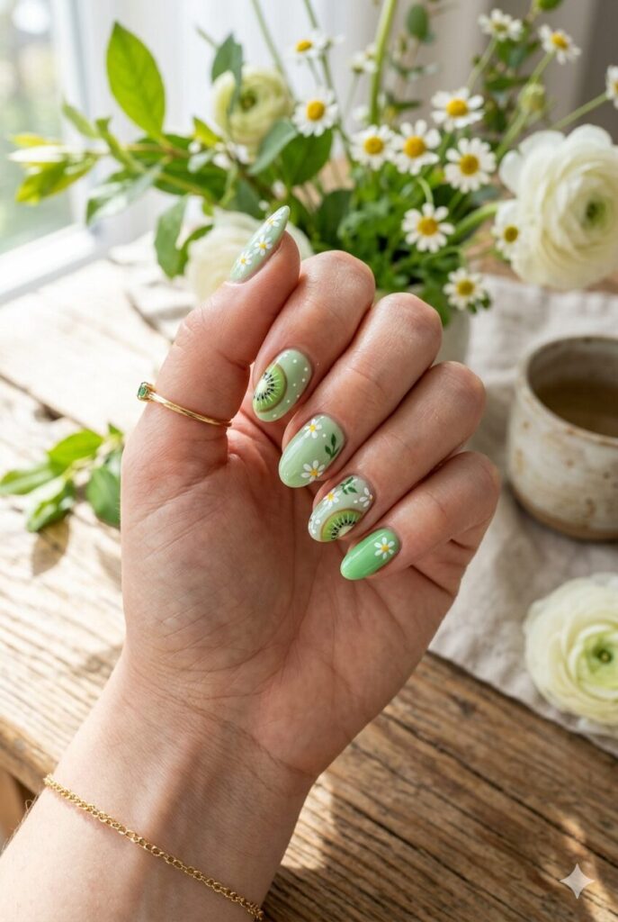 Pastel green nails with kiwi slices and daisy details