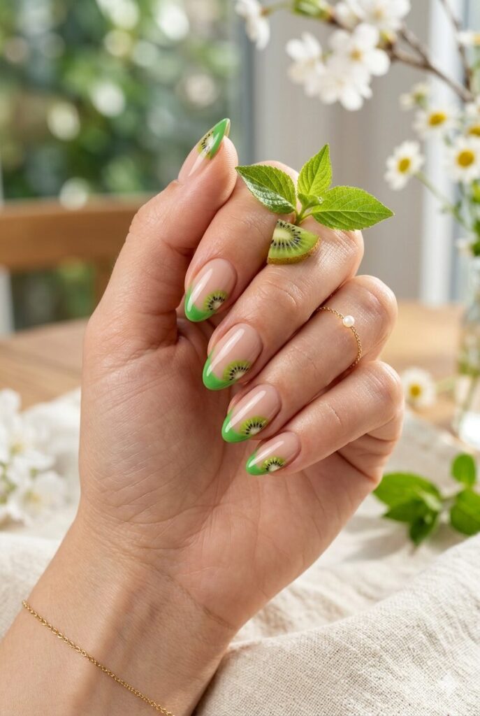 Nude nails with green French tips and kiwi slices