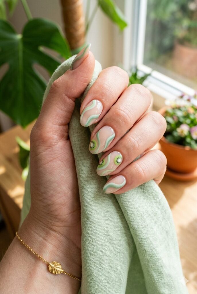 Green swirl nails with tiny kiwi slice accents
