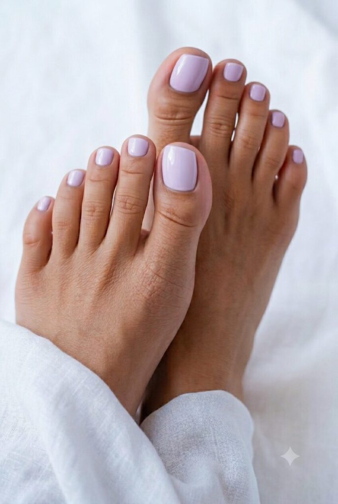 Short toenails with soft lavender dream pedicure color