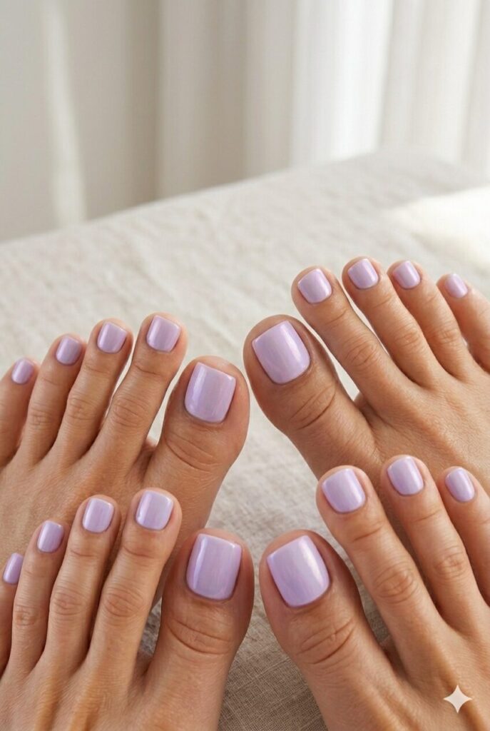 Lavender pearl toe nails with a soft shiny summer look