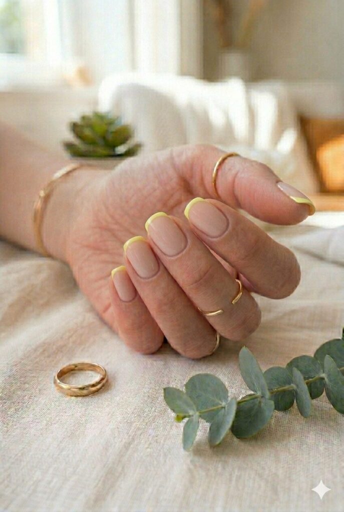 Short oval nails with nude base and thin lemon yellow tips