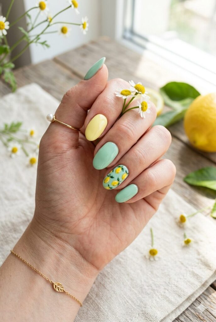 Lemon and mint nails with a fresh spring color mix