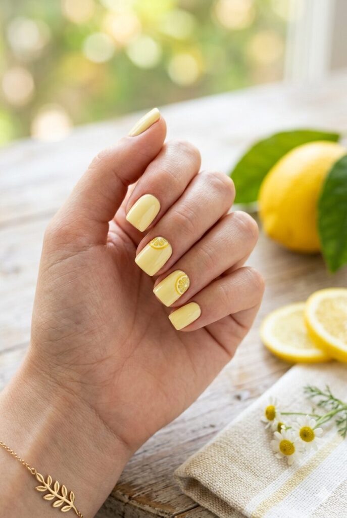 Pale yellow nails with simple lemon slice accents