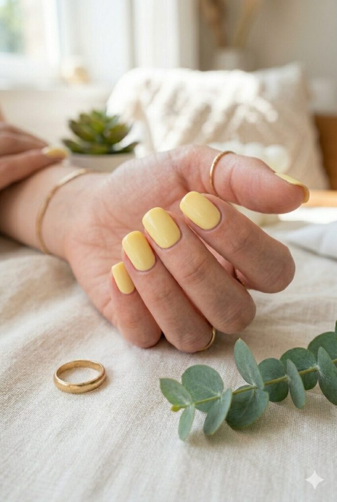 Short round nails with soft lemon yellow glossy polish