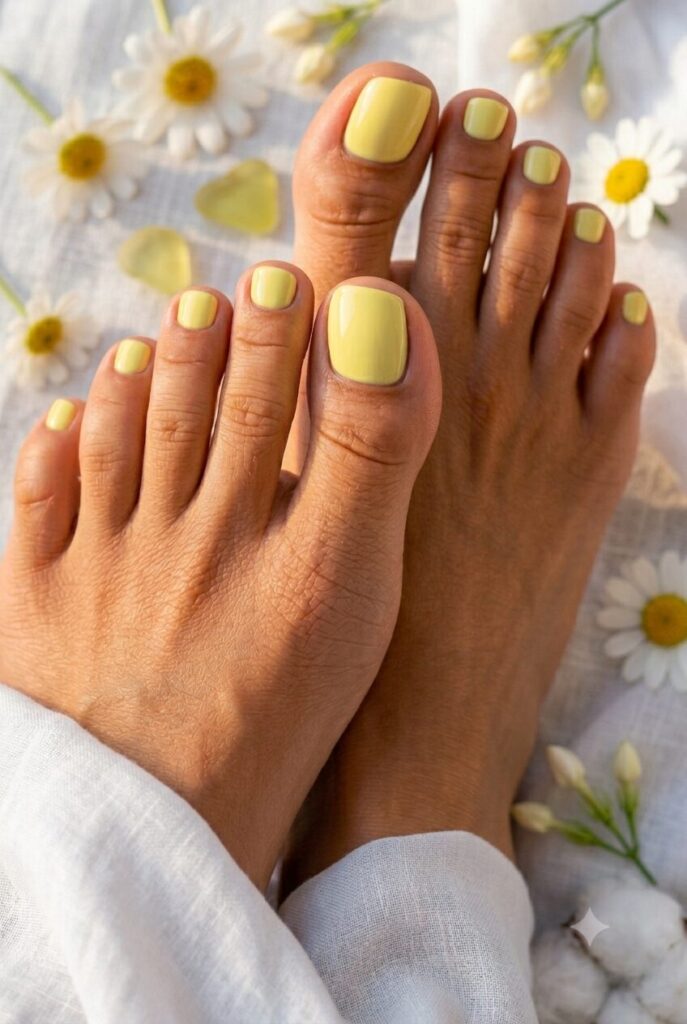 Short rounded toenails with soft lemon yellow polish