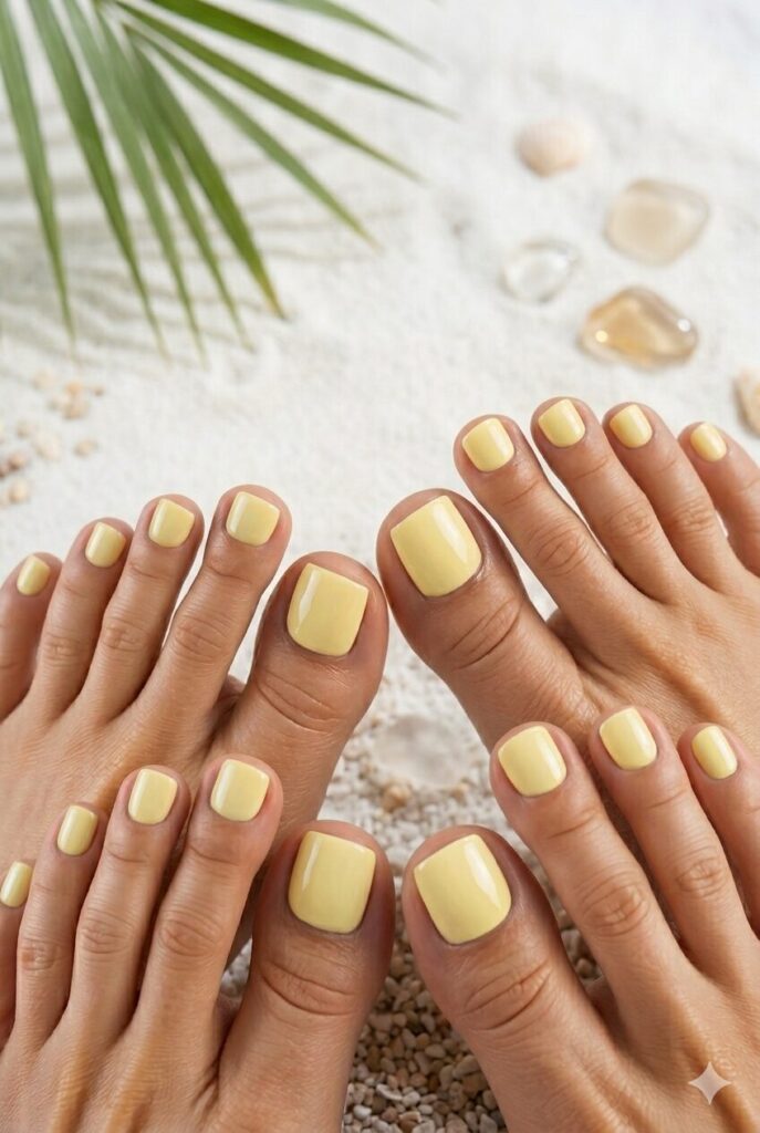Soft lemon yellow toe nails with a glossy summer finish