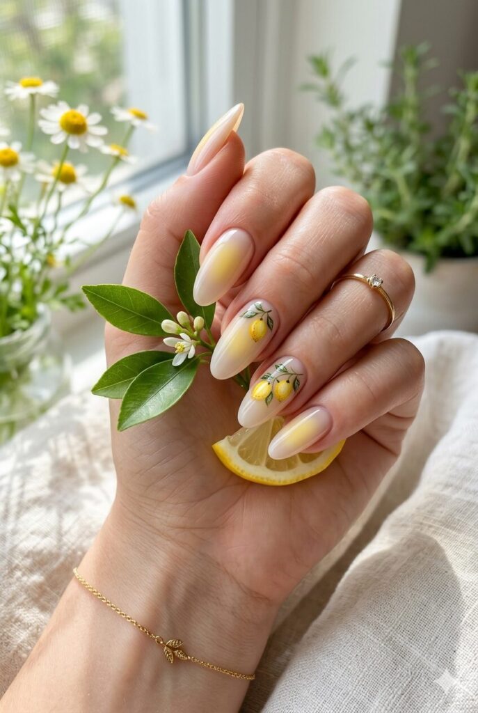 Pale yellow aura nails with tiny lemon art