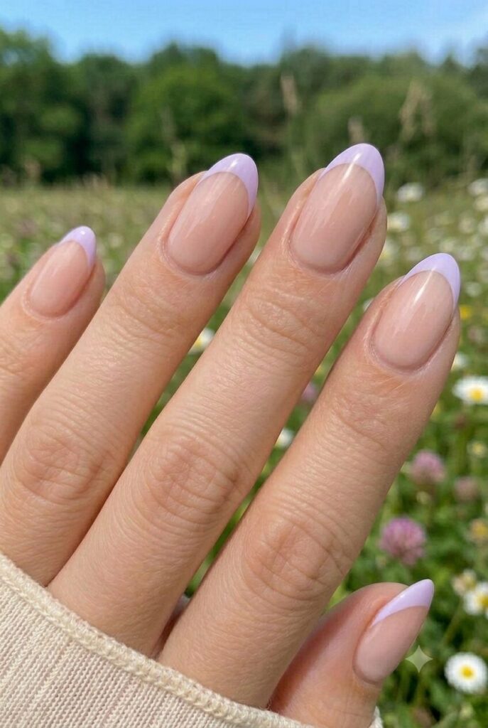 Short almond nails with nude base and lavender French tips
