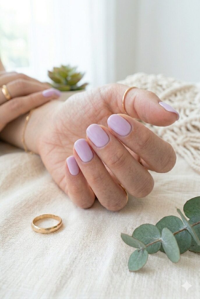 Short oval nails with creamy lilac pastel polish