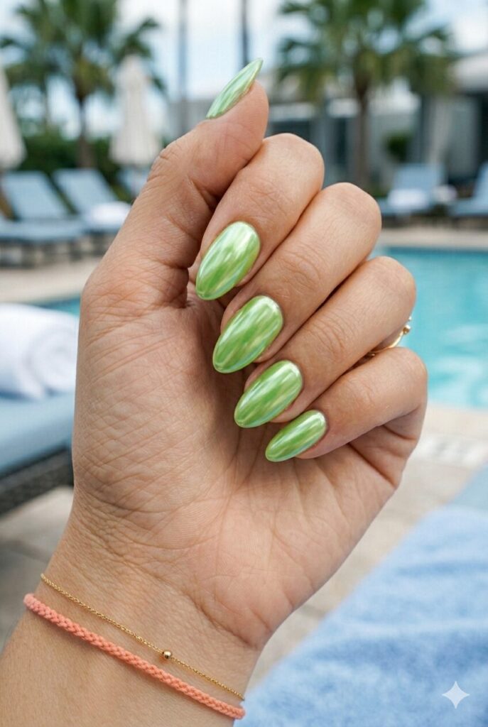 Medium almond nails with lime green chrome mirror finish
