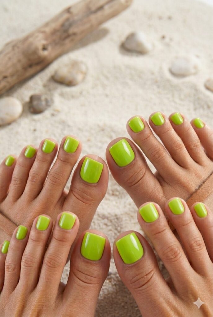 Bright lime green toe nails with a juicy summer color