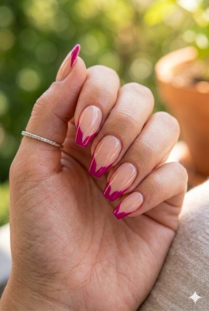 Almond nails with clear nude base and magenta cutout French tips