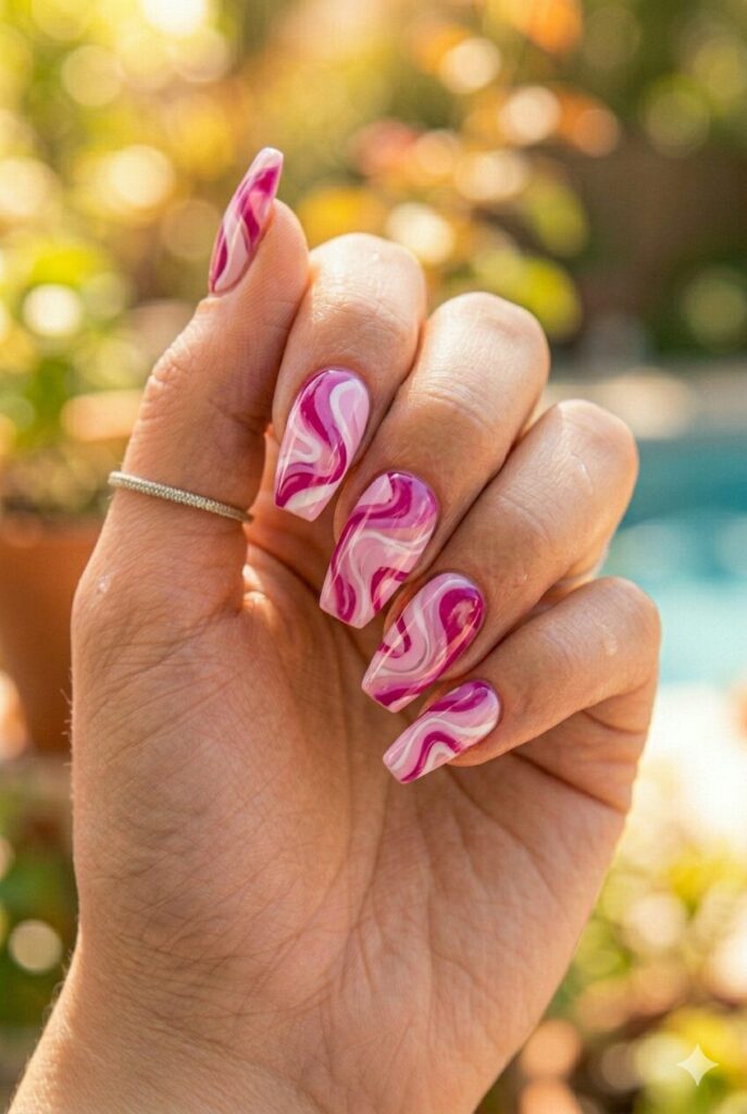Square nails with magenta pink and white marble swirl art